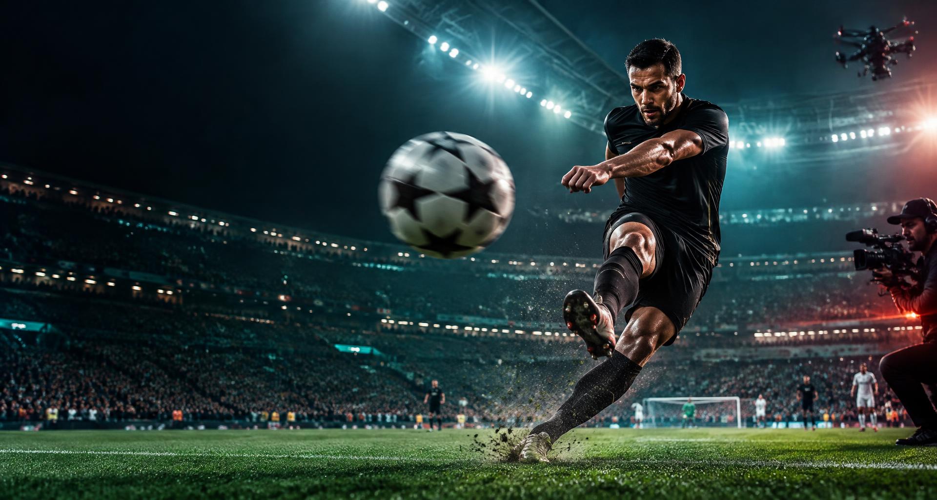 Jogador de futebol em ação em um estádio iluminado